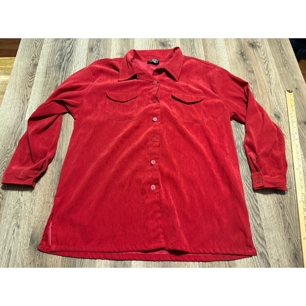 NY&CO Shirt Womens Size XL Red Faux Suede Long Sleeve Utility Pocket Button Down